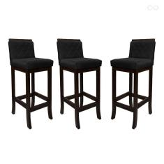 Kit 3 Banquetas Média com Encosto Matelassê Nice Madeira Maciça Maciça Suede Preto CCS