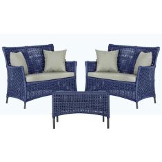 2 Sofá Área e Mesa Igapó Alumínio Pintura Preta Corda Náutica Estofado