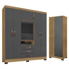 Guarda Roupa Casal Imperial com Armário Multiuso Versátile Carvalho Americano Grafite - Incorplac