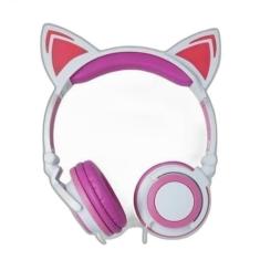 Fone Ouvido Headphone Orelha Gato Com Led Hf-C22 Branco/Rosa - Exbom, 