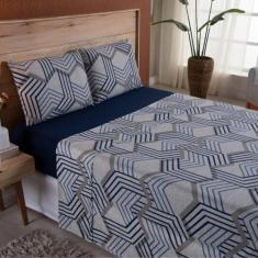 Lençol Queen Em Malha Fio Penteado Algodão 4 Peças - Marinho - Casa Sh