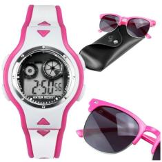 relogio led digital + infantil rosa oculos case premium esportivo sili