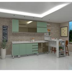 Cozinha Modulada Compacta com Tampo 9 Peças Branco com Verde Jade Pérola Luciane Móveis