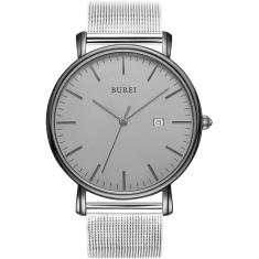 Burei Moda Masculina Relógio minimalista relógio de pulso data analógica com banda de malha de aço inoxidável