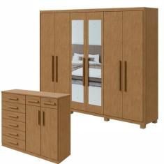 Conjunto de Guarda-roupa 6 Portas com Pés e Espelho Áries e Cômoda Tor