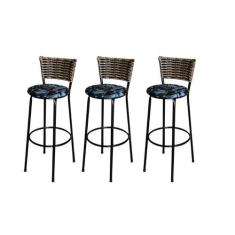 Jogo 3 Banqueta Alta Para Cozinha Ratan Cappuccino Preta Estofado Flor