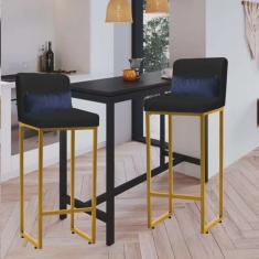 Kit 02 Banqueta Alta com Encosto Lucca Industrial Cozinha Balcão Ferro Dourado Corino Preto e Almofada Azul Marinho - Ahazzo Móveis