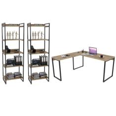 Kit Escritório Estilo Industrial Mesa e 2 Estantes Carvalho
