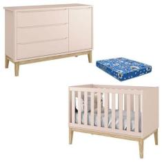 Berço Americano Com Colchão E Cômoda Classic Rosa Pés Madeira Natural 