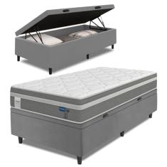 Cama Box Baú Colchão Solteiro Molas Ensacadas Euro In Up 88x188x67cm Cinza / Branco Probel - Suporta até 110kg por Pessoa