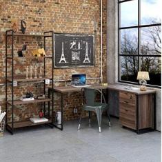 Conjunto Home Office Industrial 3 Peças 1 Escrivaninha em L 1 Estante e 1 Gaveteiro Kuadra Compace Nogal