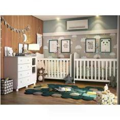 Quarto de Bebê Irmãos com 2 Berços e Cômoda com Janela 100% MDF Uli Móveis Peroba Branco Brilho