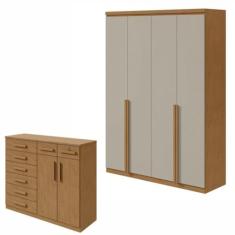 Conjunto de Guarda-roupa Alonzo e Cômoda Toronto Amêndoa Clean/off White