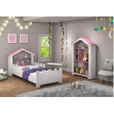Conjunto de quarto Princesa com cama e estante Branco/Rosa - Vitamov
