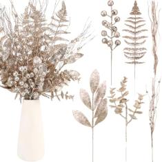 Syhood 100 palhetas sortidas de árvore de Natal com glitter, galhos artificiais de eucalipto, bagas, caule, folha de pinheiro, galho brilhante para decoração de árvore de Natal, festa de casamento,