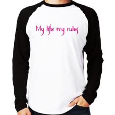 Camiseta Raglan My Life My Rules Manga Longa - Foca na Moda, Branco, P