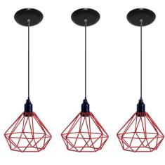 Kit com 03 Luminarias Pendente Aramado Modelo Diamante Vermelho  ideal