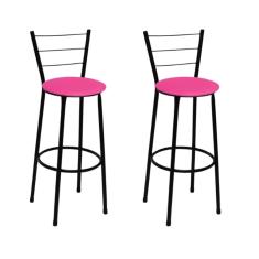 Kit 2 Banquetas Altas Preta com Encosto Assento Rosa