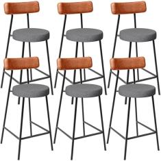 Kit 06 Banquetas Baixa Cozinha Jantar Milão L02 Couríssimo Camel Linho Cinza Escuro - Lyam Decor