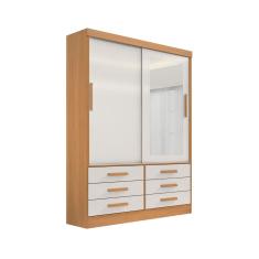 Guarda Roupa Roupeiro Meridian Plus 2 Portas 6 Gavetas Com Espelho Cinamomo Off White - D`Doro