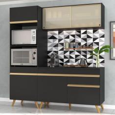 Armário de Cozinha Compacta 182cm Veneza Multimóveis V3695, Preto/Dour