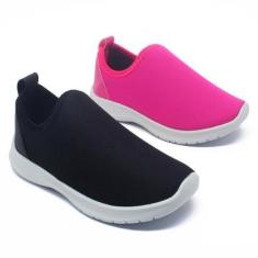 Kit 2 Pares Tênis Infantil Escolar Calce Facil Leve Confortável Macio Liso-Feminino