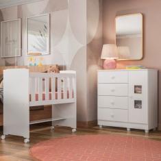 Conjunto Quarto de Bebê 100% mdf Mini Berço com Colchão e Cômoda 1 Porta 4 Gavetas