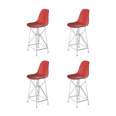 Kit 4 Banquetas Bistrô Alta Eames Vermelha Base Ferro Branco - Cor: Vermelho