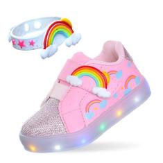Tenis Infantil Menina Luzinha Led Luz Arco Iris Com Pulseira Rosa