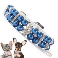 Coleira de pérola para cachorrinho azul, colar de gato com pérolas brilhantes de cristal extravagante strass colar de luxo com contas diamante menina gato joia para cães de estimação PPP XS pequeno