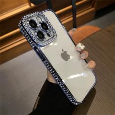 Capa de telefone transparente com revestimento de luxo e glitter diamante strass para iPhone 15 11 12 13 14 Pro Max Capa de silicone macio, azul, para iPhone 13 Pro