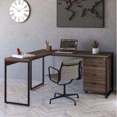 Mesa de Escritório em L Estilo Industrial 150x150cm com Gaveteiro Volante 4 Gavetas Nogal