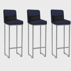 Kit 03 Banqueta Alta com Encosto Lucca Industrial Cozinha Balcão Ferro Cinza Sintético Azul Marinho e Almofada Preto - Ahazzo Móveis