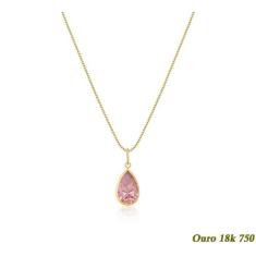 Corrente Feminina em ouro 18K 750 40cm E Pingente Zircônia Gota Rosa -