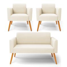 Sofá Namoradeira com 2 Poltronas Pés Palito Castanho Marisa Veludo Bege D03 - D'Rossi