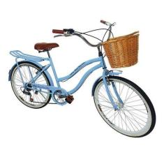 Bicicleta Aro 26 Retrô Com Cesta De Vime Vintage Azul Bb - Maria Clara