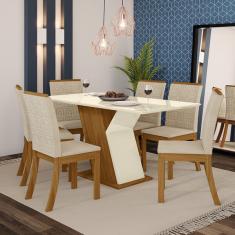 Conjunto Sala De Jantar Mesa 160cm Tampo Mdf Com Vidro 6 Cade