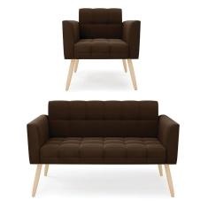 Kit 1 Sofá Namoradeira E 1 Poltrona Elisa Suede Pés Palito Natural - D`rossi Cor Marrom