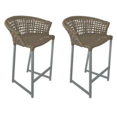 Kit 2 Banquetas Reis em Corda Náutica e Base em Alumínio Cinza para Ár