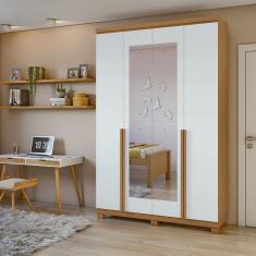 Guarda-roupa Solteiro Alonzo 4 Portas 2 Gavetas Com Espelho Amêndoa Clean/branco