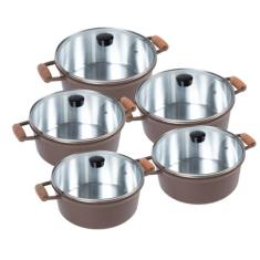 Jogo de Panelas 5 Peças Cava Alumínio Fundido Chocolate Alça de Madeira e Tampas de Vidro