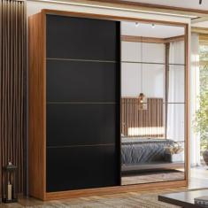 Guarda-Roupa Casal Belga 2 Portas 3 Gavetas com Espelho Nogueira Touch/Preto Prime Tx - Demóbile