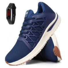 Tênis Masculino Zeuz Corrida Academia Preto com Relógio Digital, Azul,