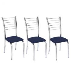 Conjunto 3 Cadeiras Ipanema Cromada Para Cozinha-Assento Sintéticoazul