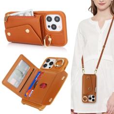 Lipvina Capa para iPhone 15 Pro com suporte para cartão e alça - Bolso com zíper, alça transversal, suporte para cartão de crédito, anel de suporte, linda capa carteira de telefone para mulheres