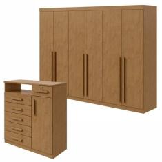 Conjunto de Guarda-Roupa 6 Portas Bertha com Cômoda Da Vinci com Nicho Amêndoa Clean