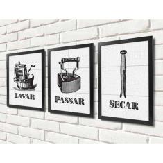 Quadros para Lavanderia - Lavar, Secar, Passar - Quadro Novo, Preto, 3