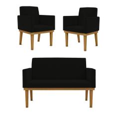 Kit Sofá Namoradeira + Poltrona Reforçada Sala De Estar Cor:preto