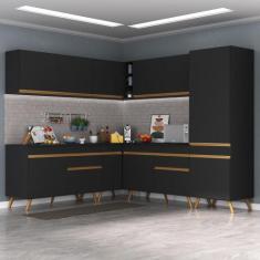 Armário Cozinha Completa de Canto Veneza Multimóveis V2066, Preto/Dour