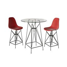Jogo Mesa Bistrô Eames Vidro 60Cm 2 Banquetas Vermelha Base Ferro Preto - Cor: Branco